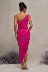 Hot Pink Maternity Ruched One Shoulder Midi Dress